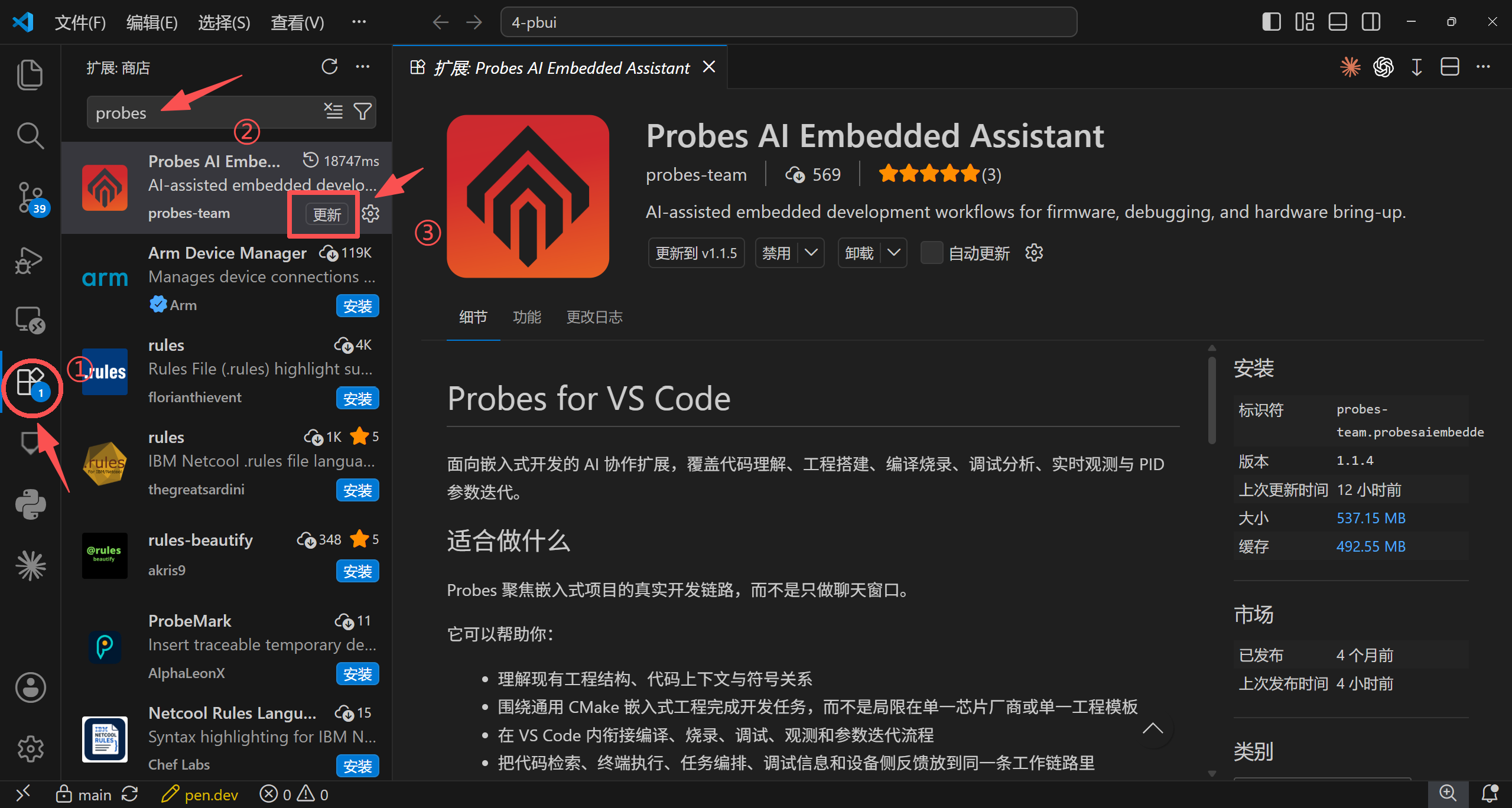 在 VS Code 扩展面板中搜索 Probes 并进入插件更新入口