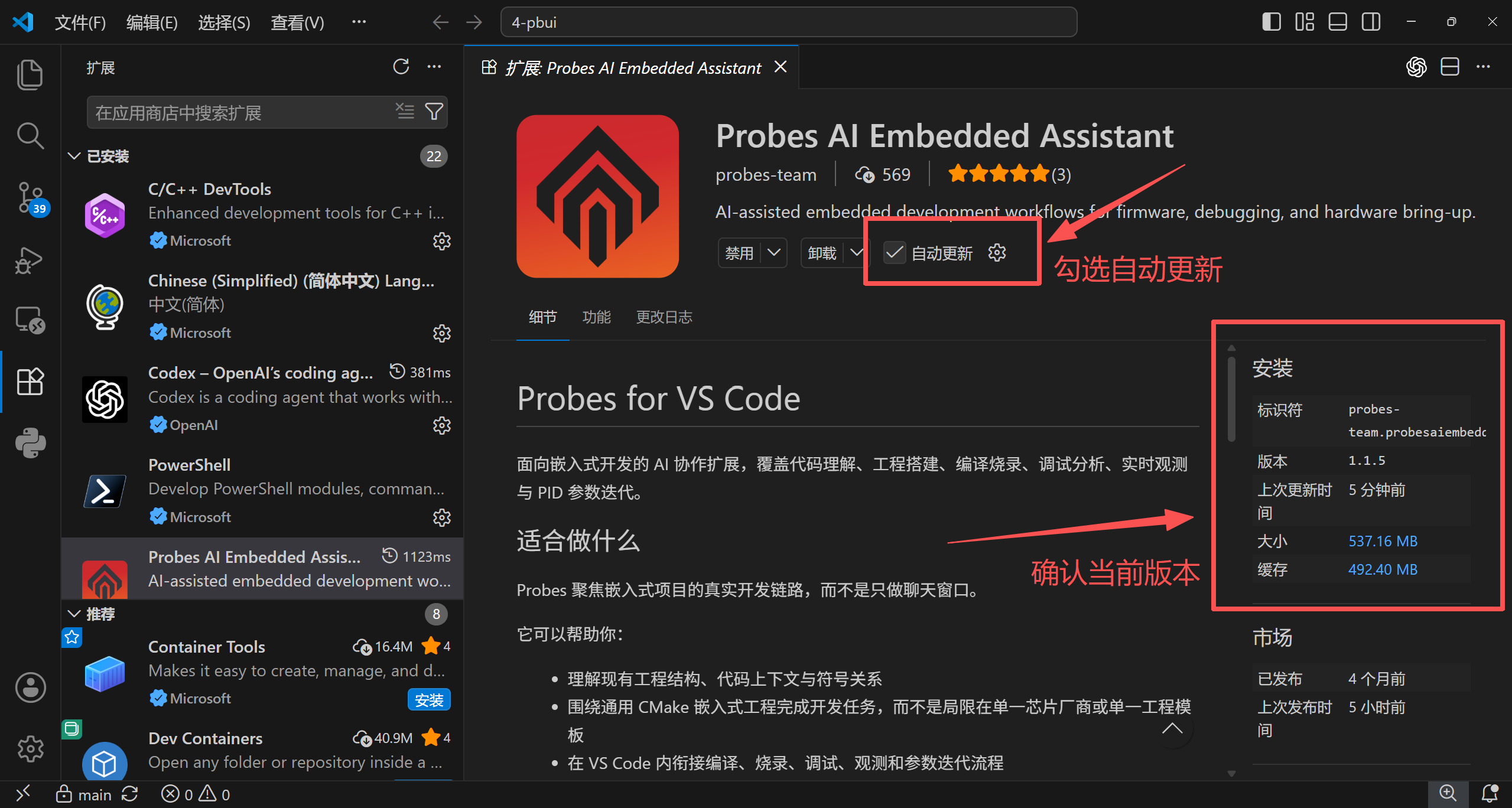 在 Probes 插件详情页确认版本号并勾选自动更新