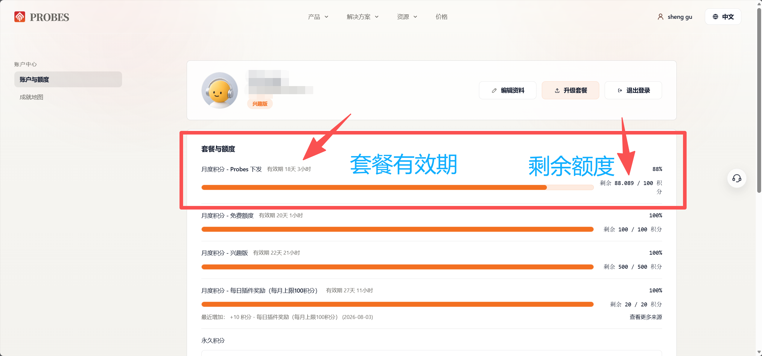 在 Probes 账户中心查看积分点数和额度状态